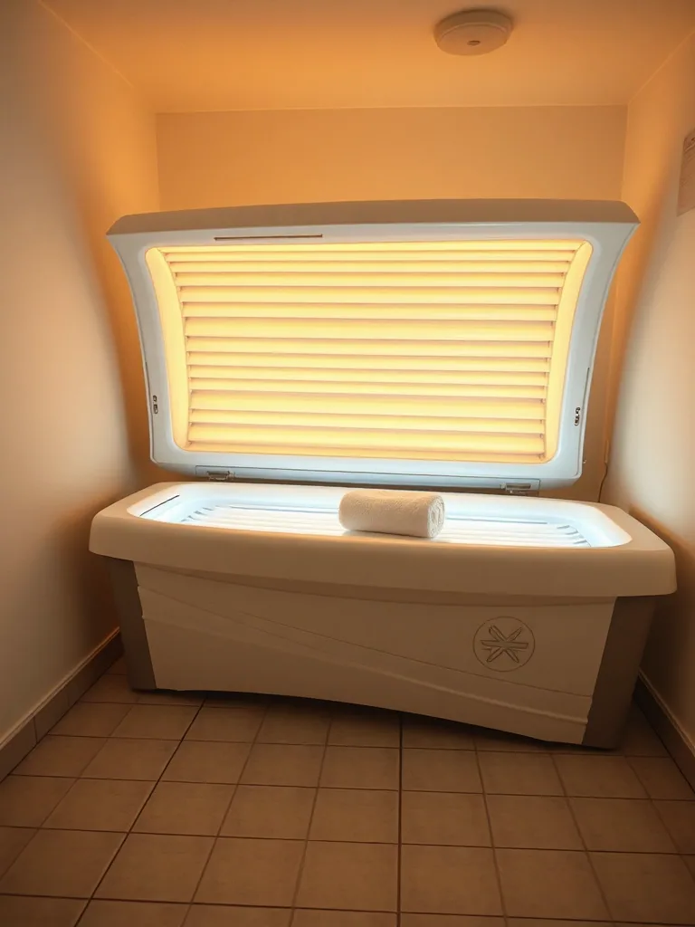 A lay down tanning bed standing in a small tiled room with its lid raised and the lamps glowing warm, a rolled white towel laid on the acrylic.