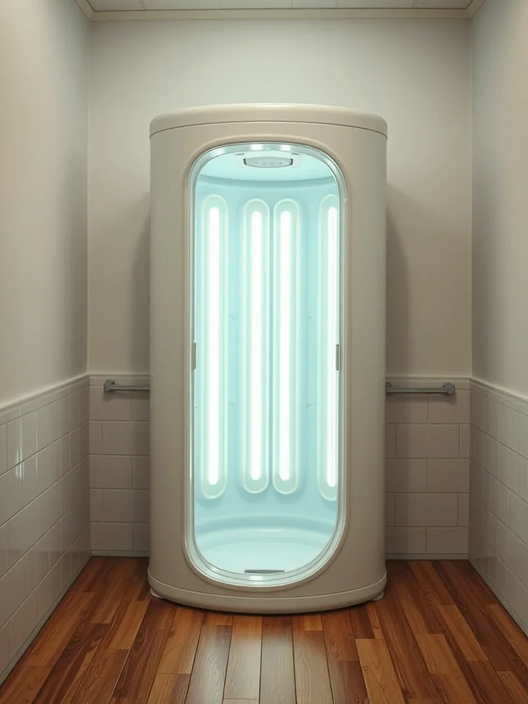 A stand up tanning booth with its curved door open in a tiled room, the vertical lamp tubes lit pale blue inside.