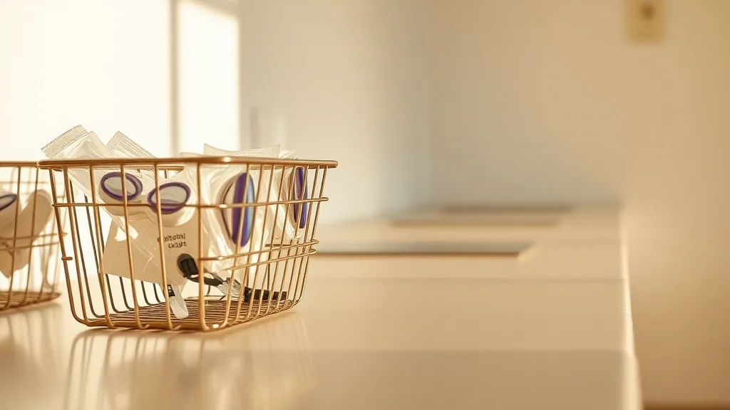 A wire basket of small plastic goggles and plain foil lotion sachets sitting on a laminate counter in raking daylight.