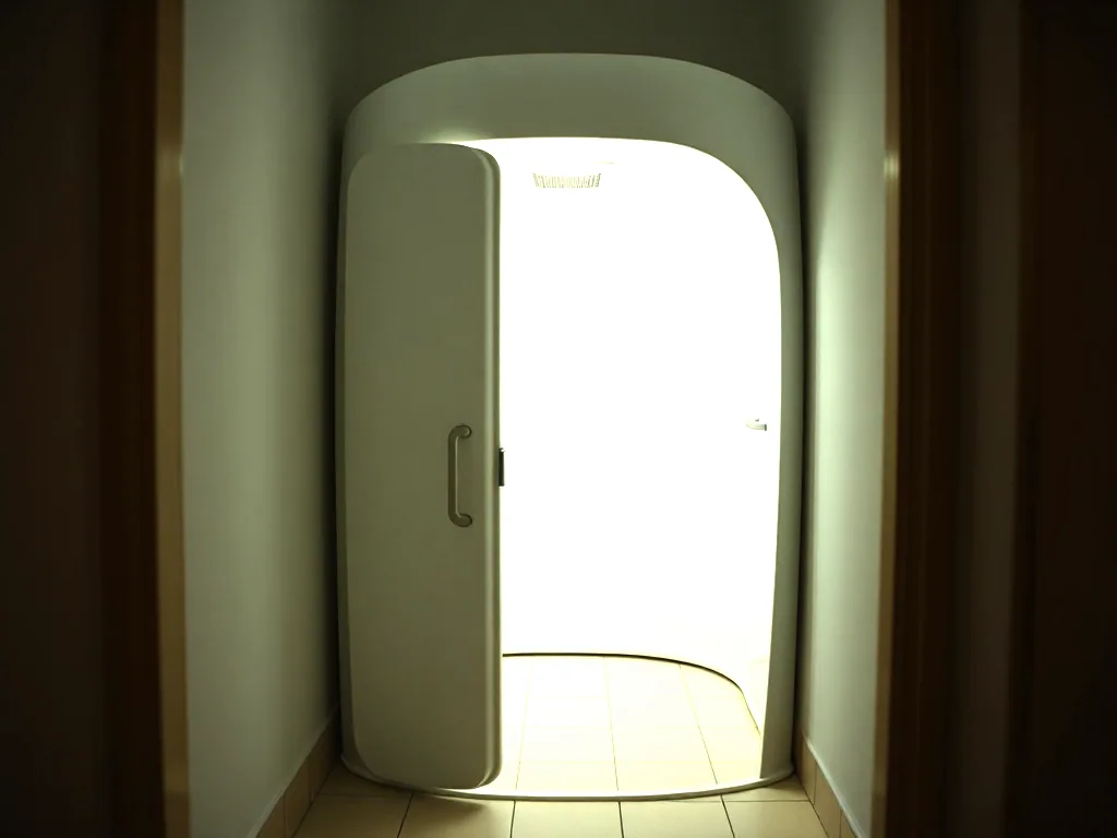 A spray booth with its curved door open and the light on inside, seen straight on from a changing room doorway, the cabin glowing white.